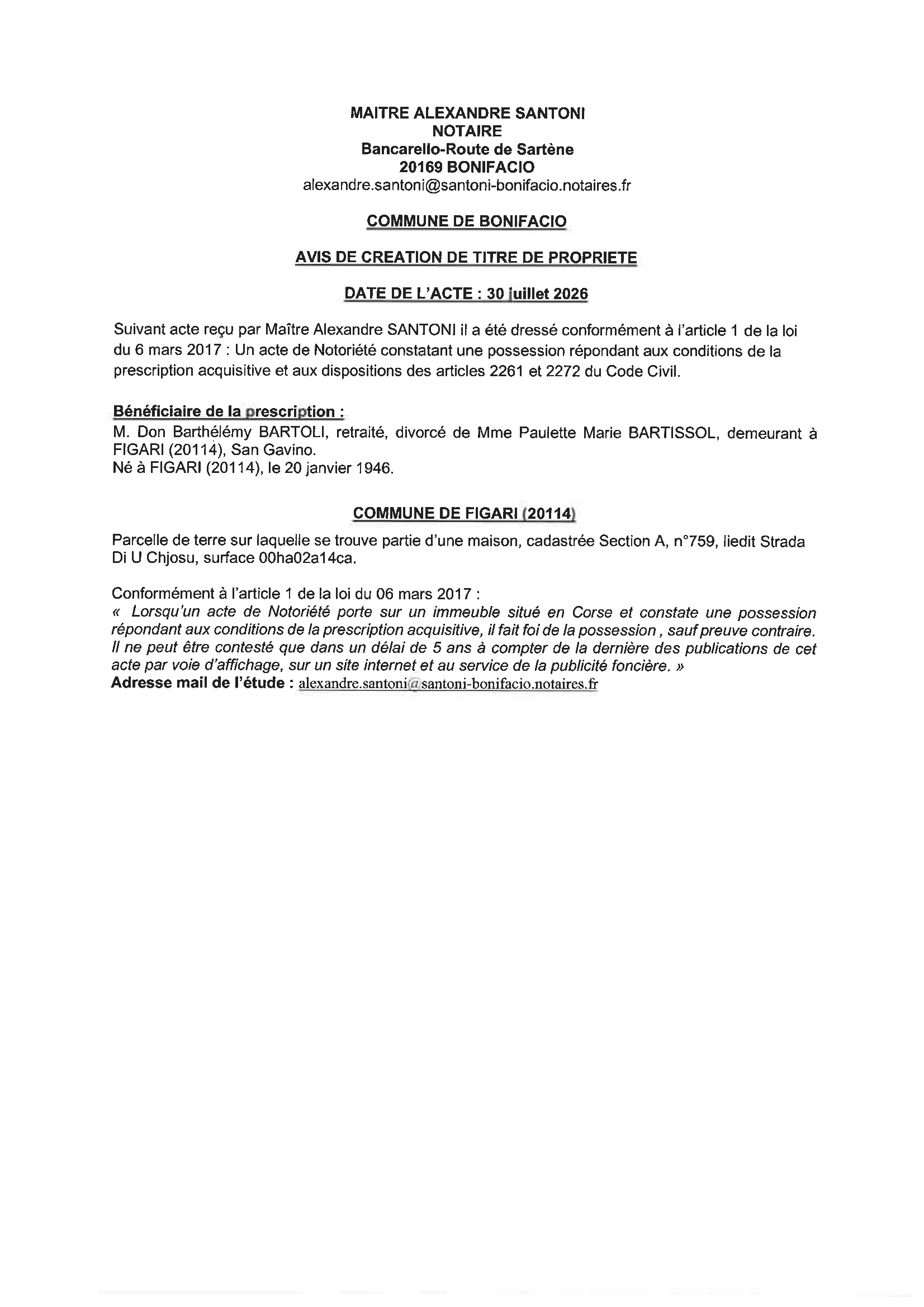 Avis de création de titre de propriété - Commune de Bonifaziu (Pumonti)