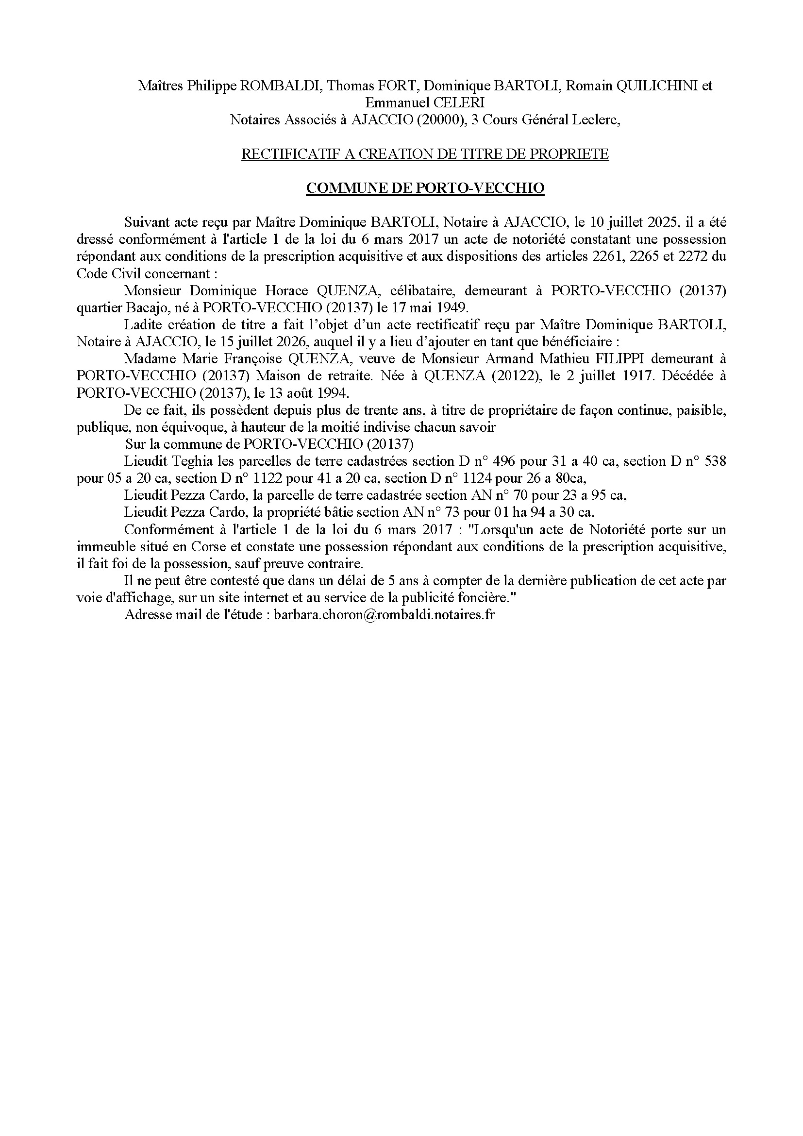 Avis de création de titre de propriété - Commune de Portivechju (Pumonti)