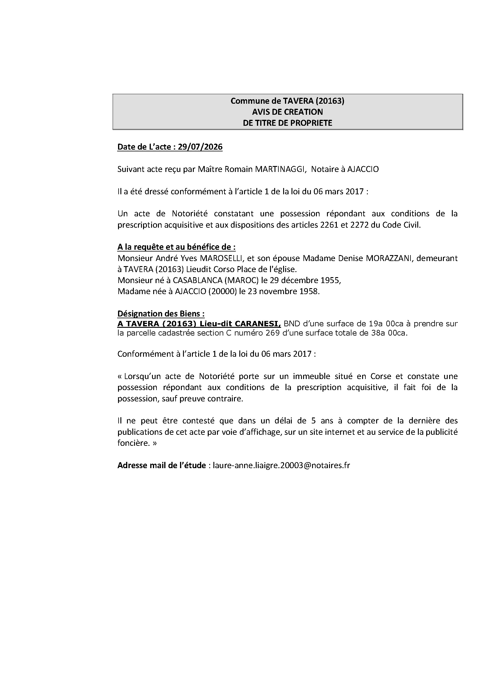 Avis de création de titre de propriété - Commune de Tavera (Pumonti)