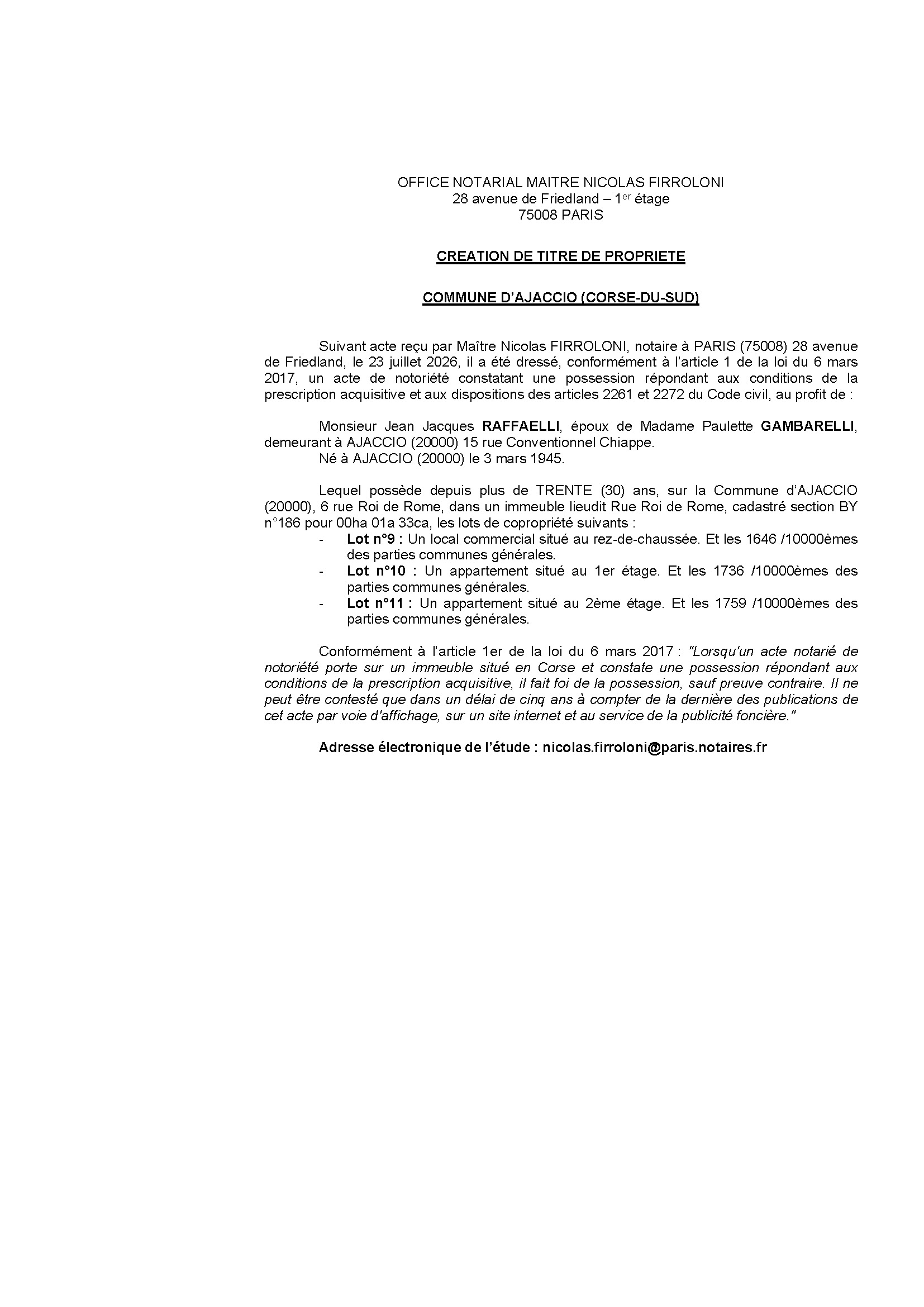 Avis de création de titre de propriété - Commune d'Aiacciu (Pumonti)