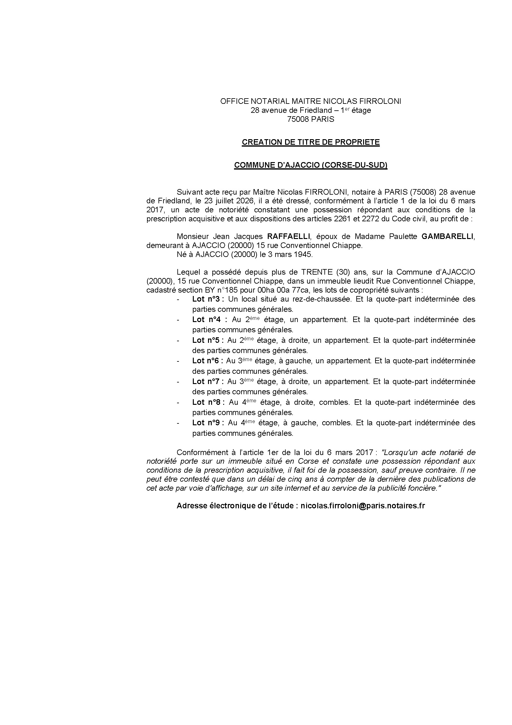 Avis de création de titre de propriété - Commune d'Aiacciu (Pumonti)