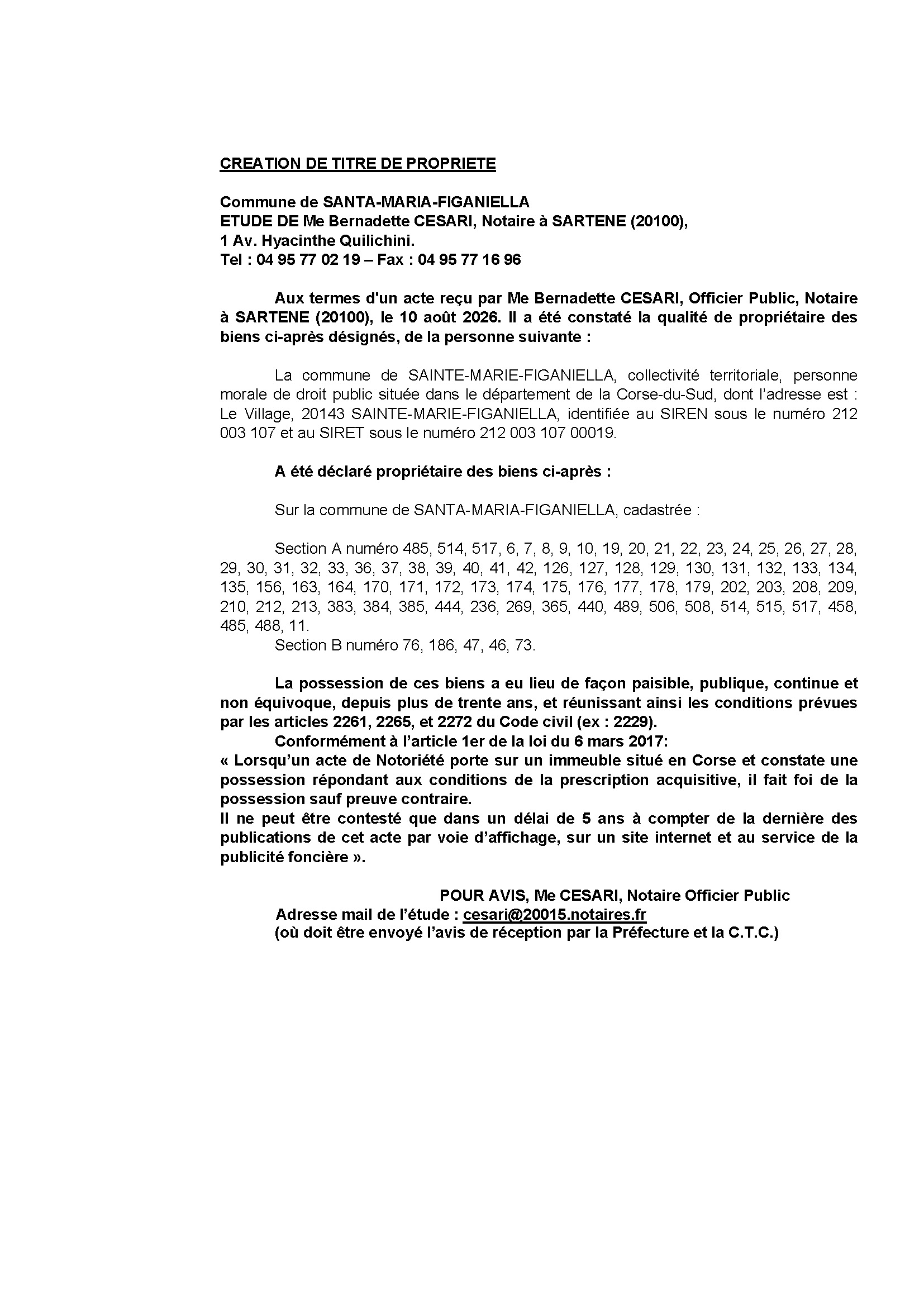 Avis de création de titre de propriété - Commune de Santa Maria Ficaniedda (Pumonti)