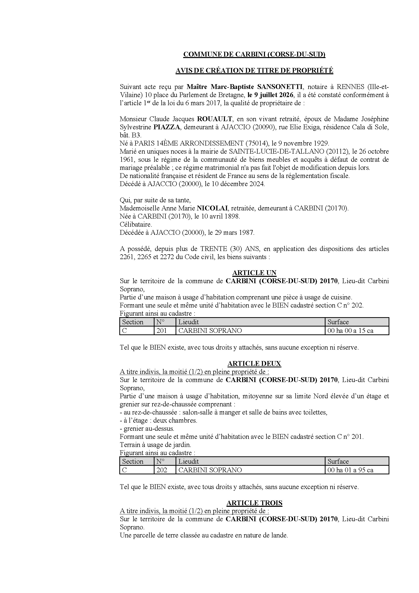 Avis de création de titre de propriété - Commune de Carbini (Pumonti)