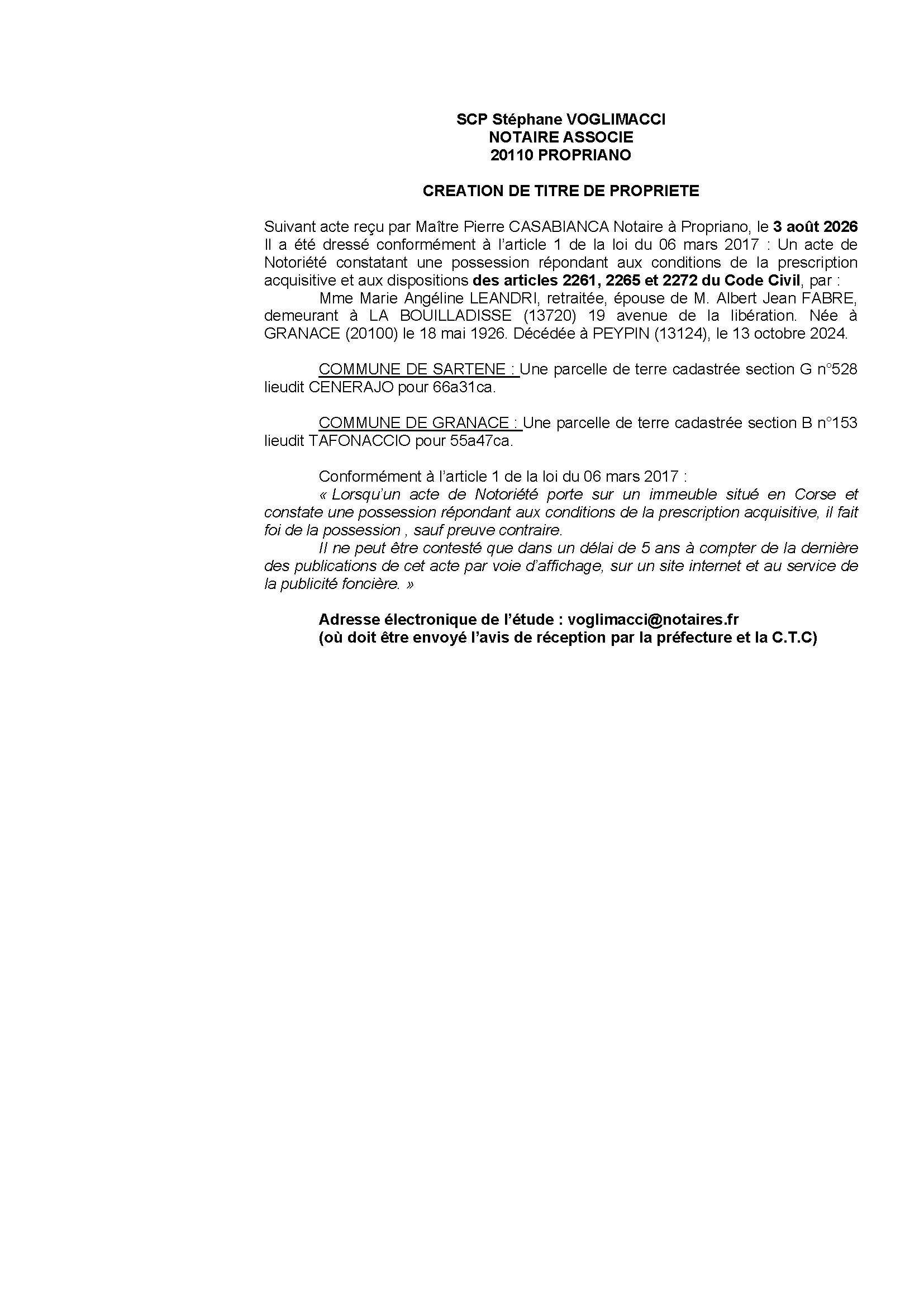 Avis de création de titre de propriété - Commune de Sartè et Granaccia (Pumonti)