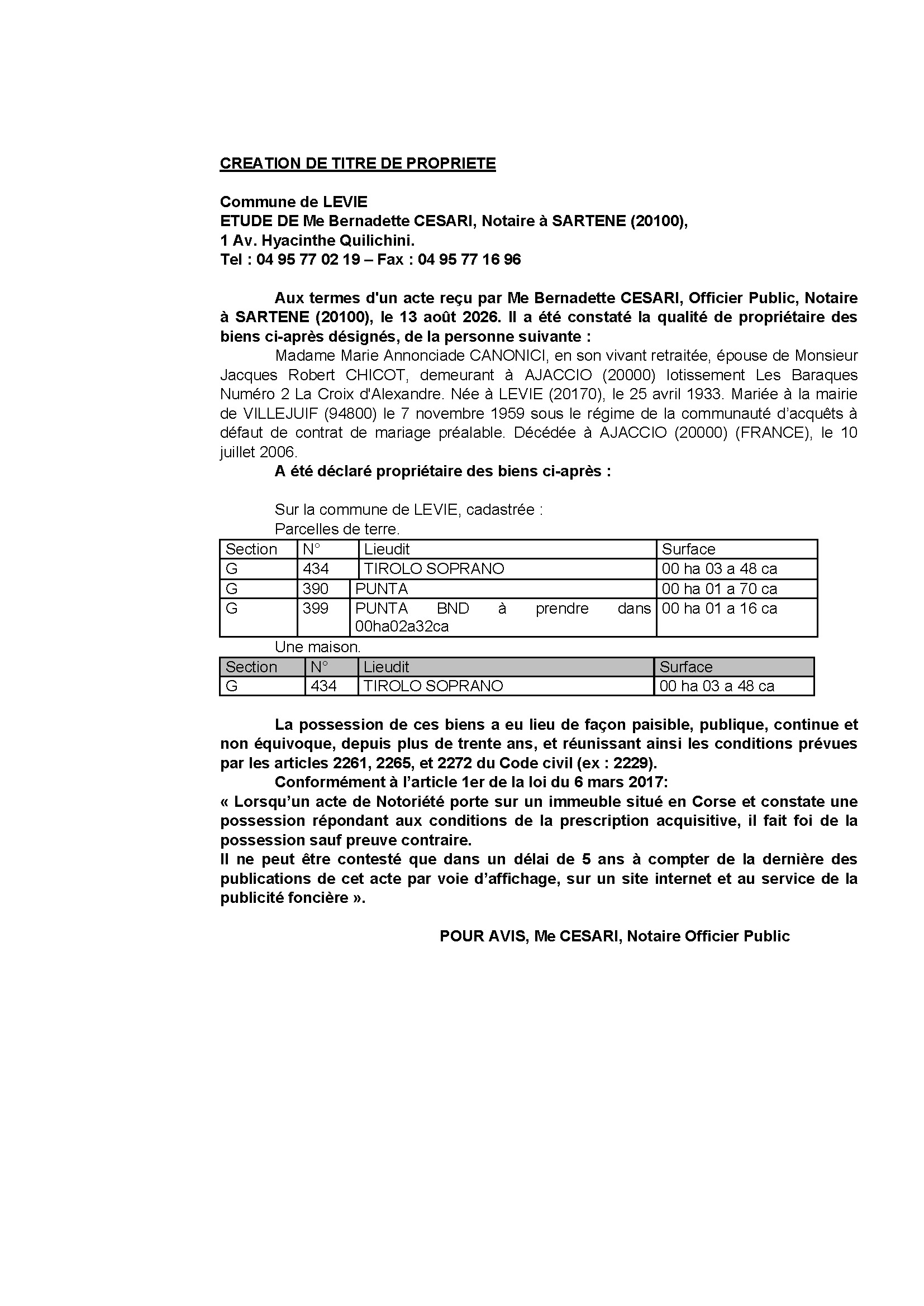 Avis de création de titre de propriété - Commune de Livia (Pumonti)