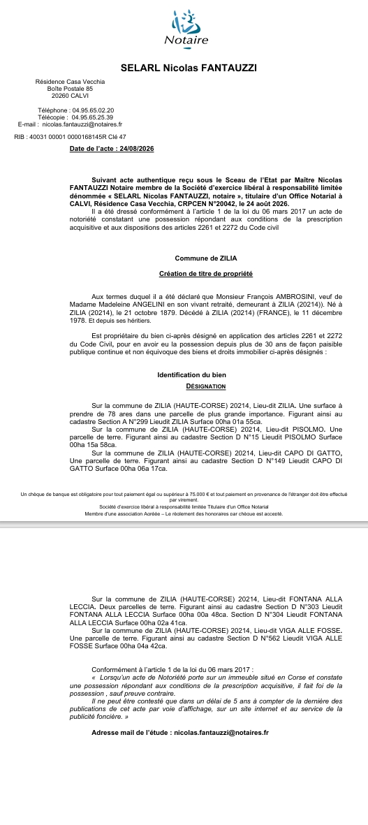  Avis de création de titre de propriété - Commune de Zilia  (Cismonte)