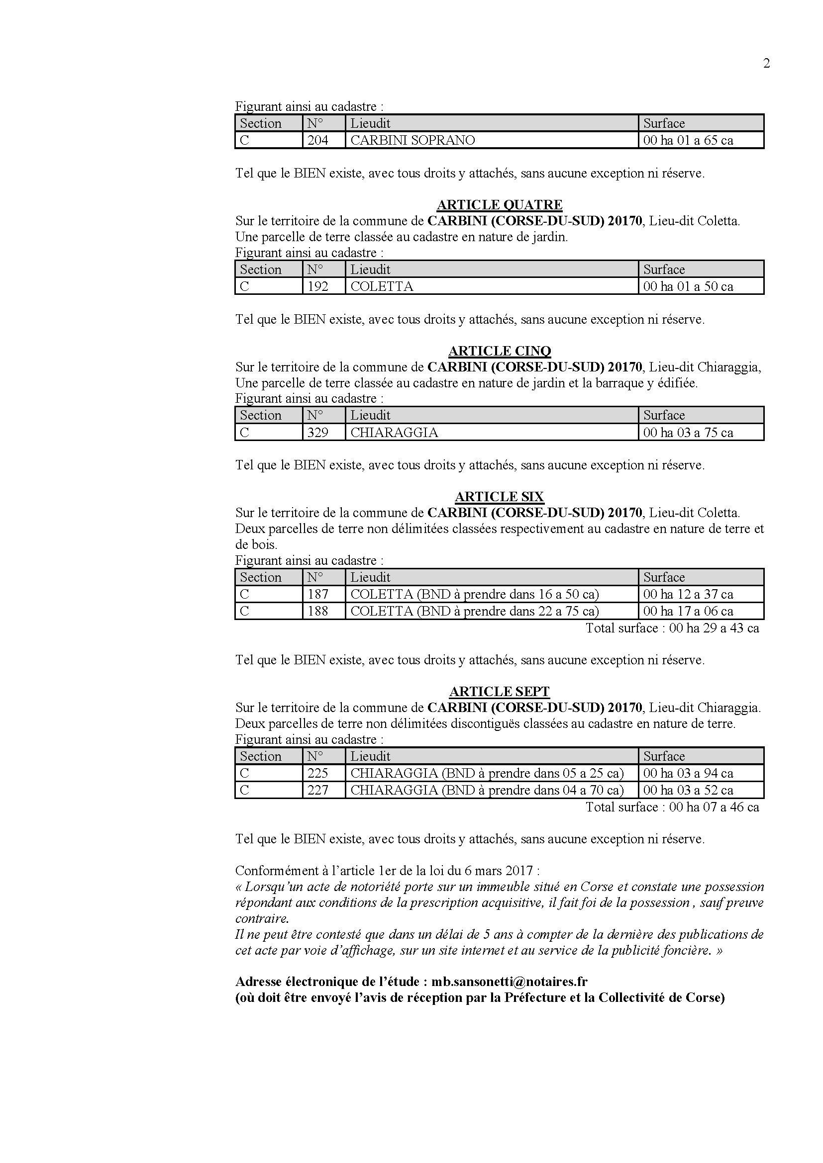 Avis de création de titre de propriété - Communes de Zoza è Santa Lucia di Tallà  (Pumonti)