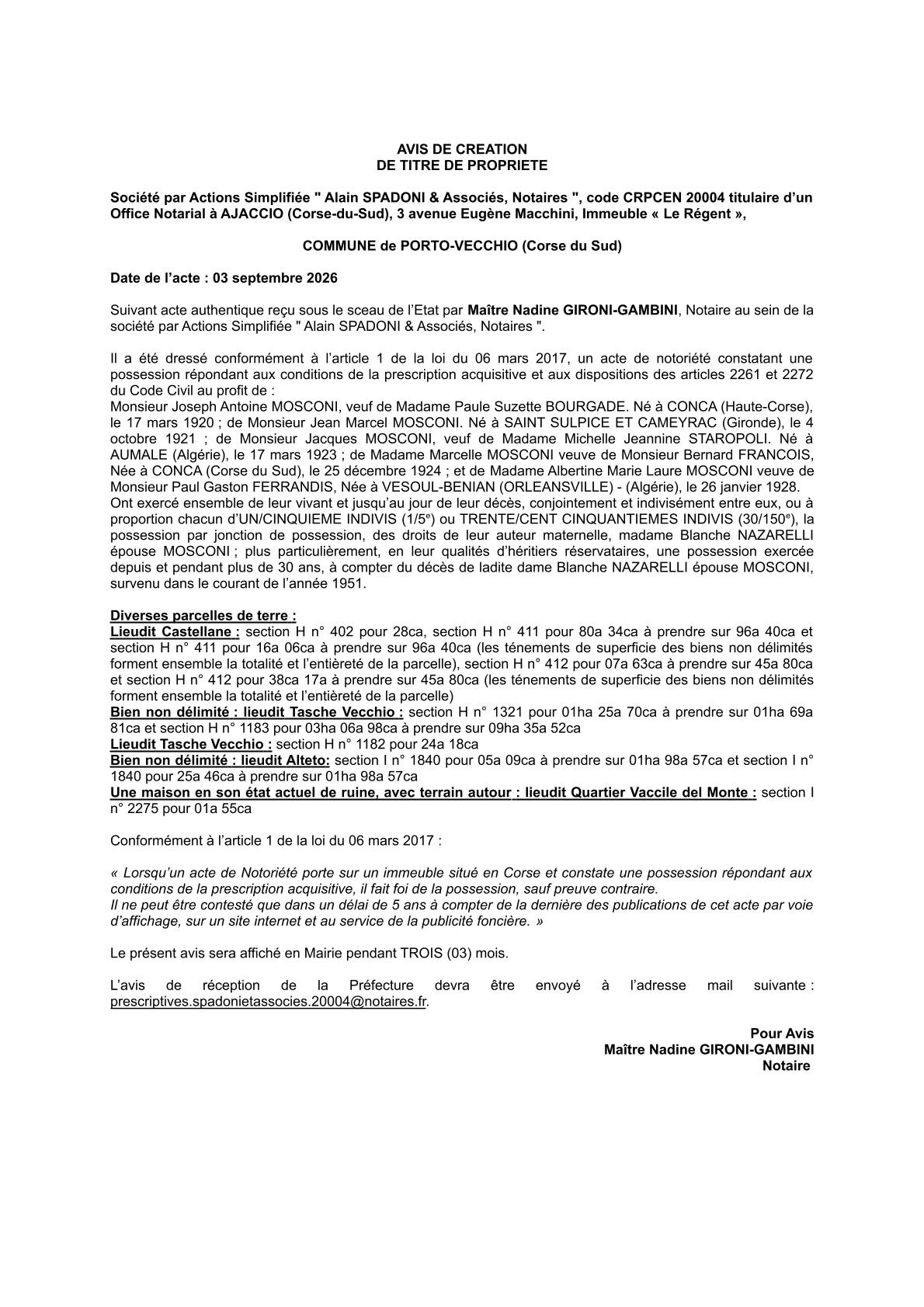  Avis de création de titre de propriété - Commune de Portivechju  (Pumonte )