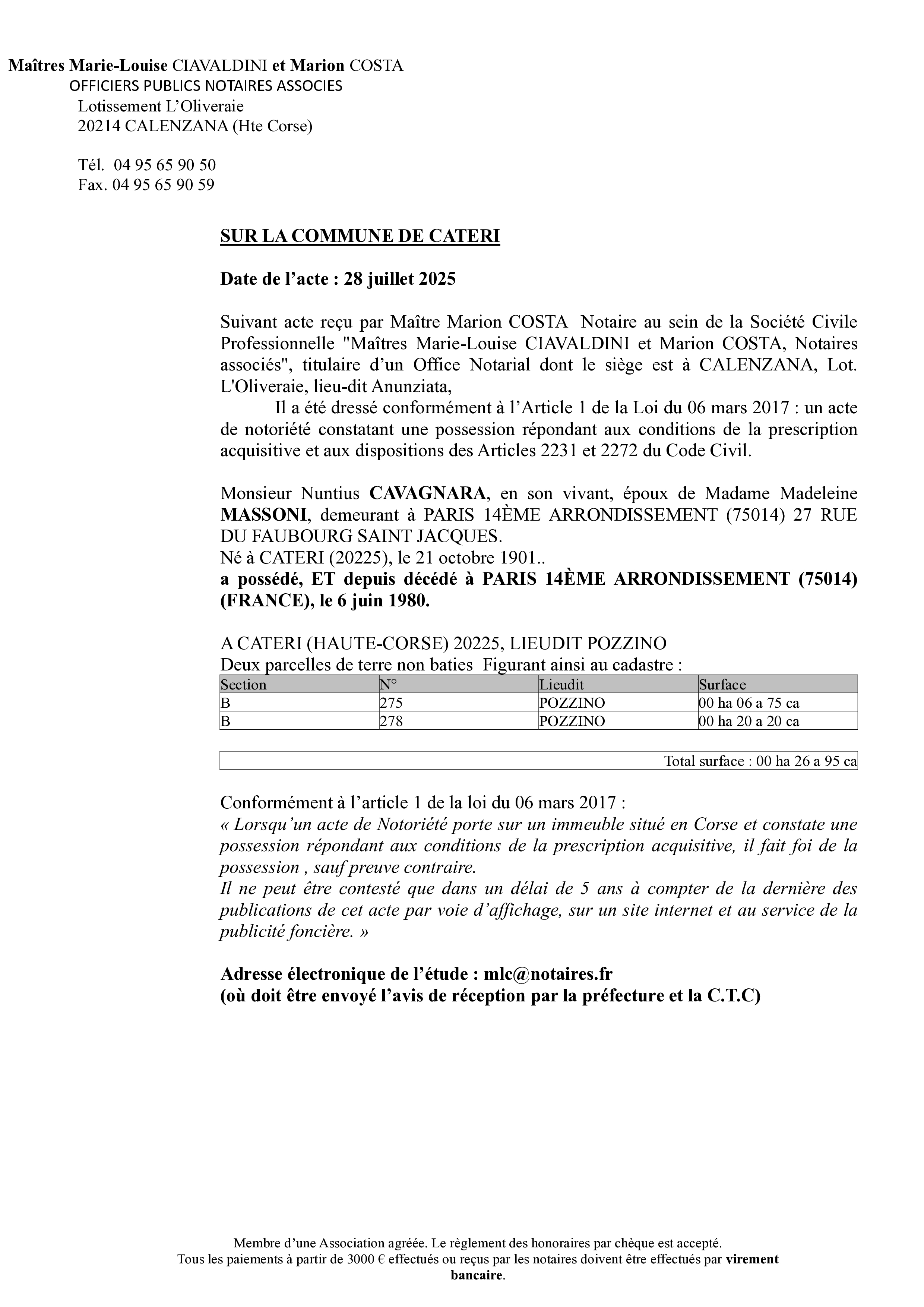   Avis de création de titre de propriété - Commune d'I Catari (Cismonte)