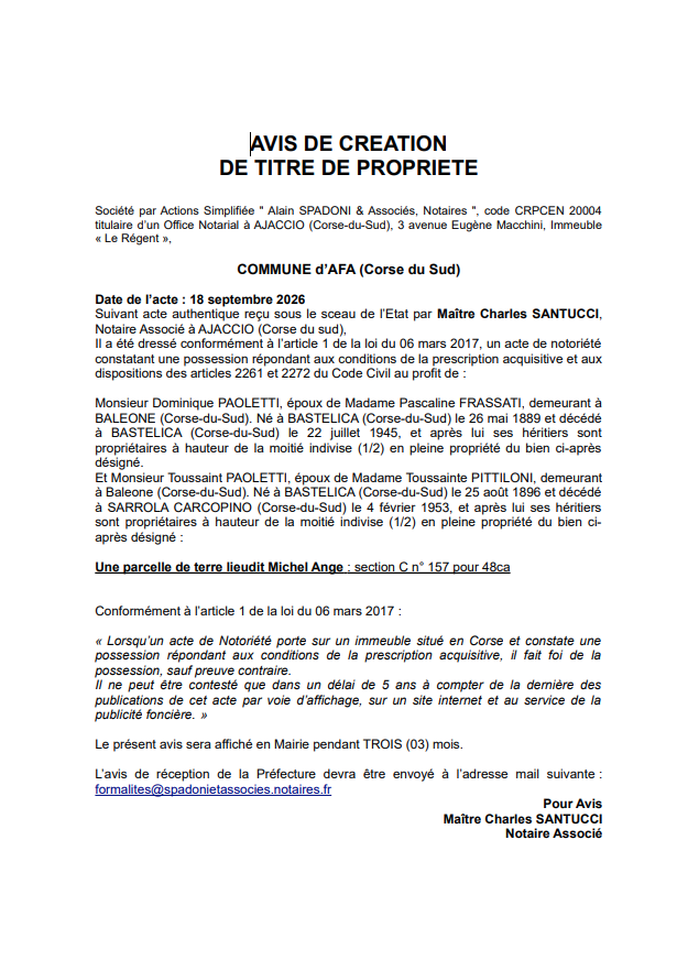   Avis de création de titre de propriété - Commune d'Afà (Pumonte)