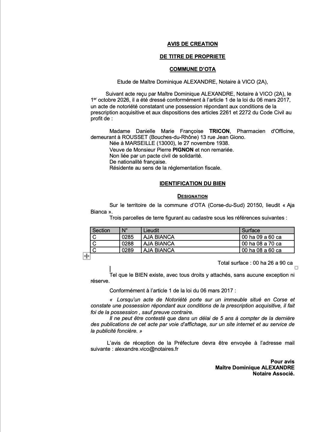 Avis de création de titre de propriété - Commune d'Ota (Pumonti)