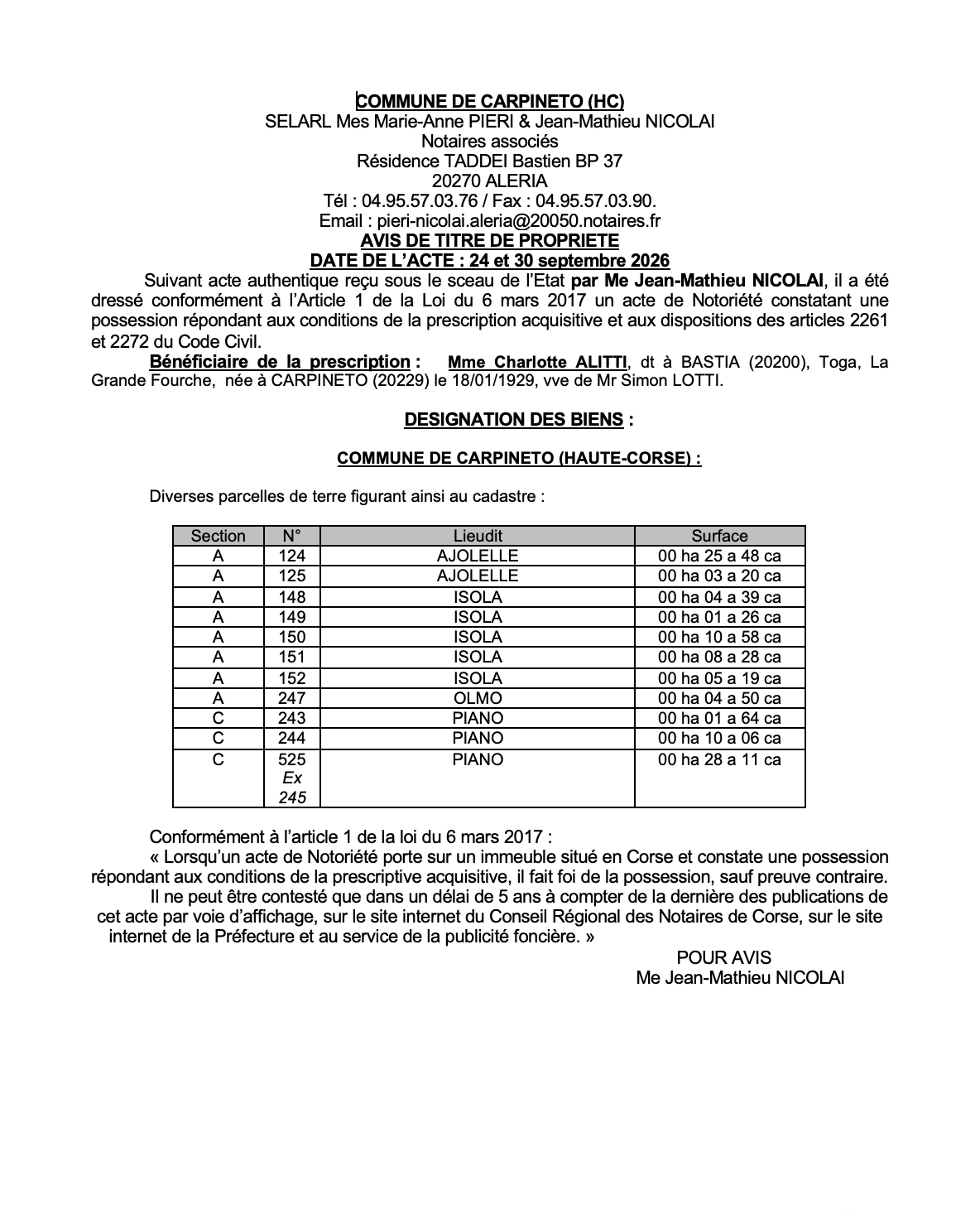  Avis de création de titre de propriété - Commune de U Carpinetu (Pumonte)