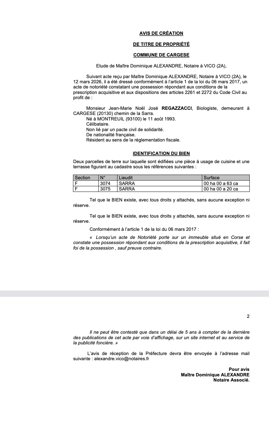  Avis de création de titre de propriété - commune de Cargese (Pumonte)