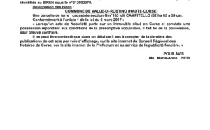  Avis de création de titre de propriété - Commune de Valle di Rustino (Haute-Corse)