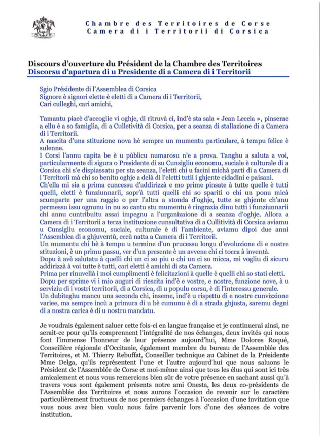 Séance d'installation de la Chambre des Territoires : discours d'ouverture du Président, Gilles Simeoni