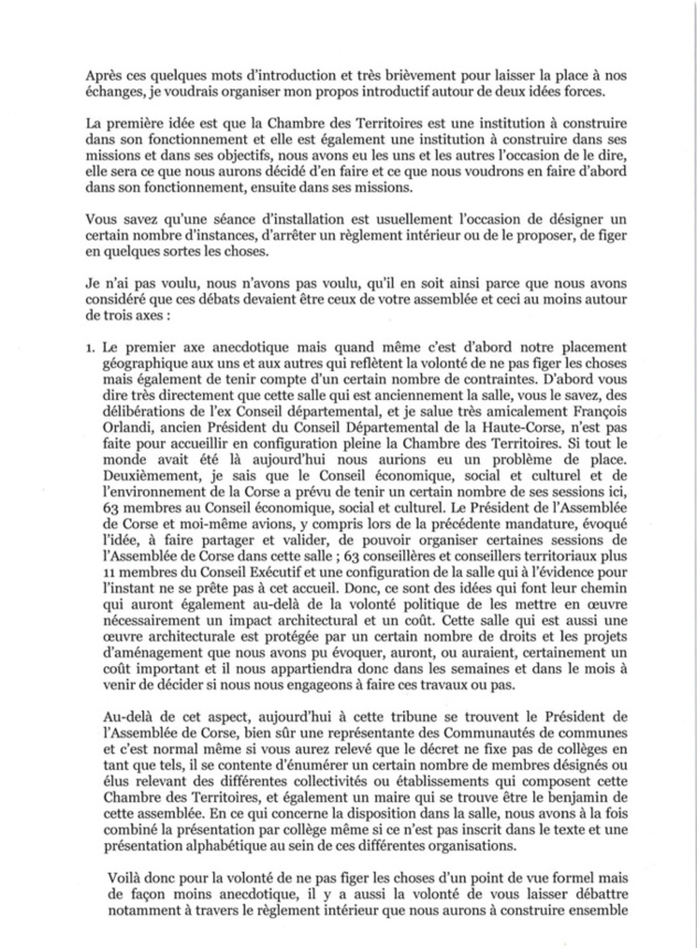 Séance d'installation de la Chambre des Territoires : discours d'ouverture du Président, Gilles Simeoni