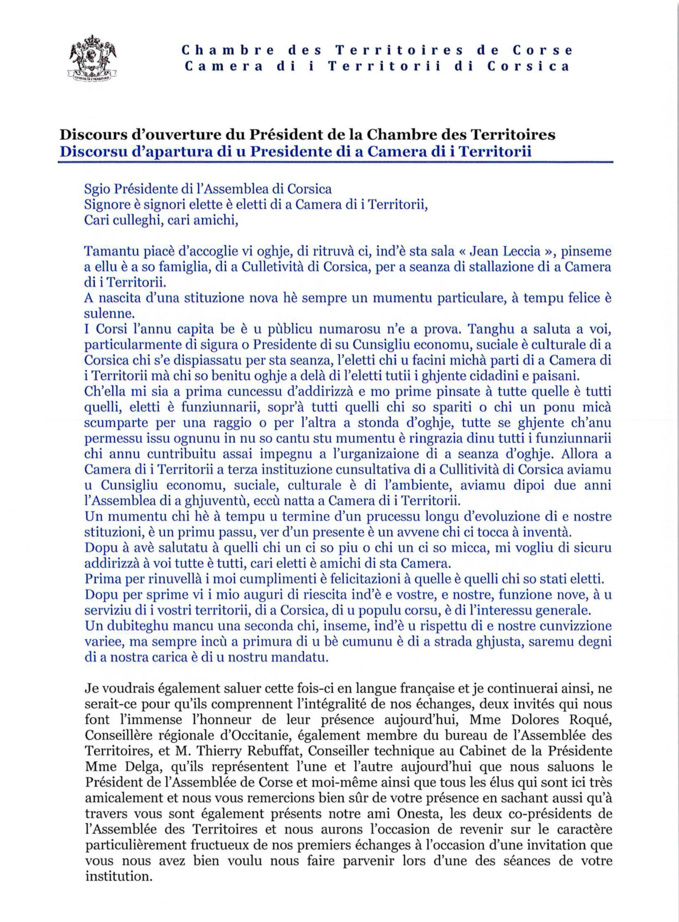 Séance d'installation de la Chambre des Territoires : discours d'ouverture du Président, Gilles Simeoni